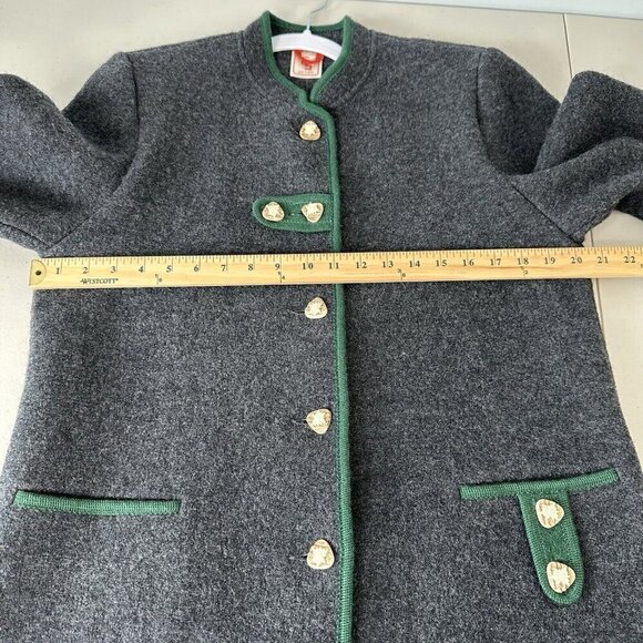 Elegance Seiler Cardigan Boiled Wool Button Front Sz 38 Gray Green trim Pockets - Picture 10 of 13